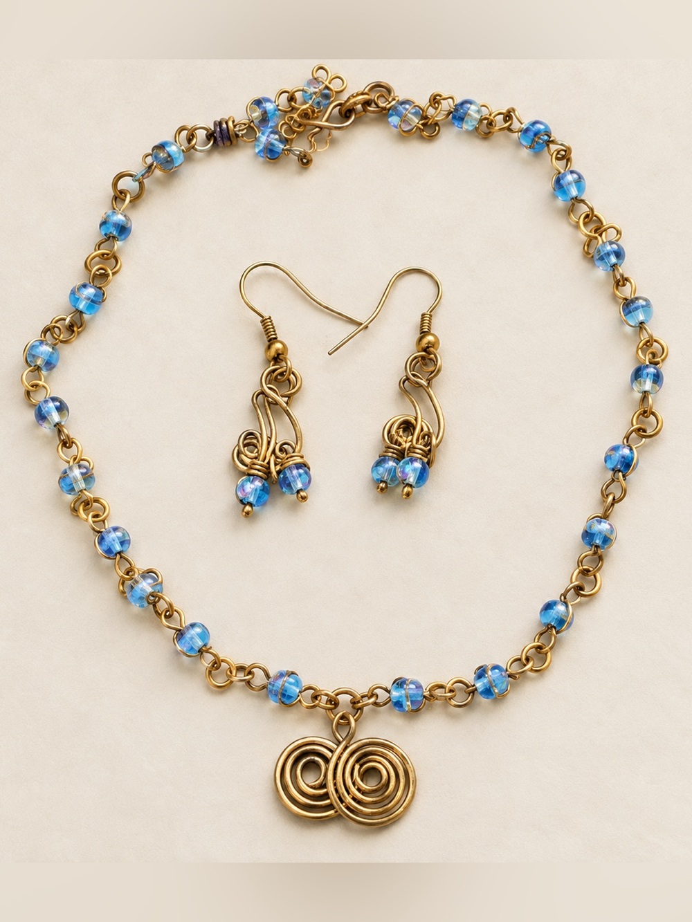 Blue Beaded Necklace Earrings Set Gold Tone Wirework Handmade NWOT
